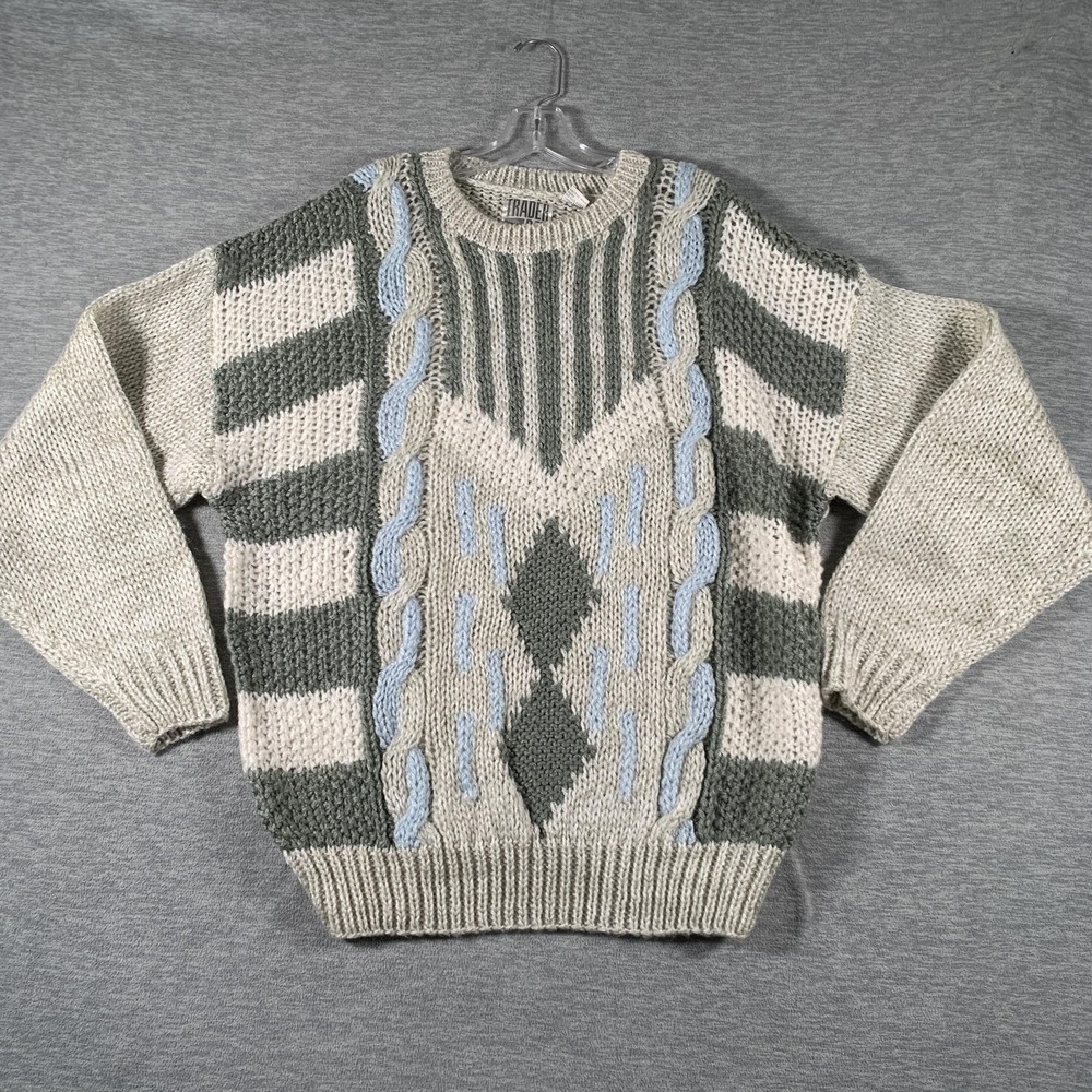 Vintage‎ Trader Bay Sweater Mens Large Gray Argyle Crewneck Chunky Knit 90s